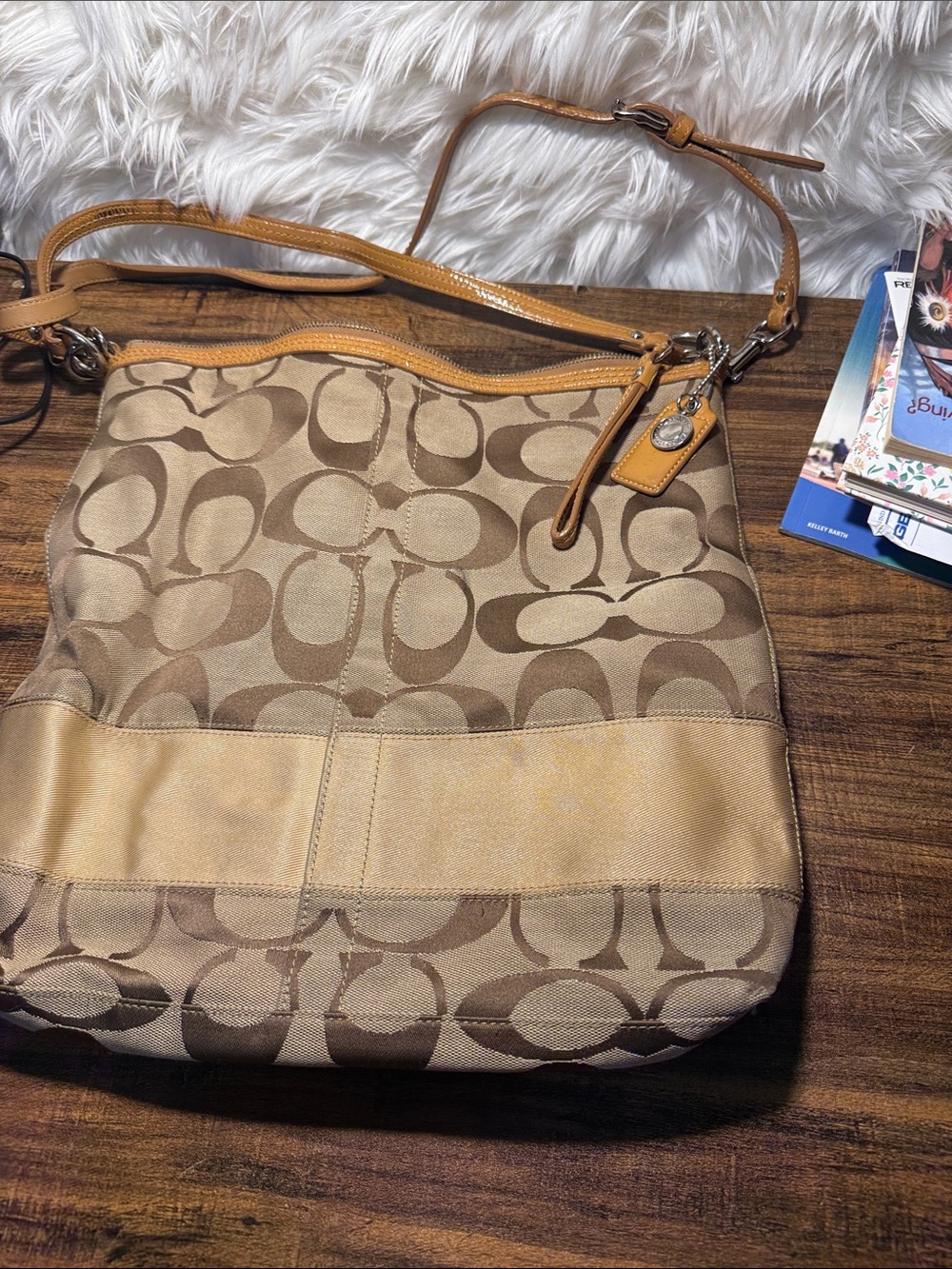 Coach Monogram Canvas Shoulder Bag in Khaki and Tan Leather Trim